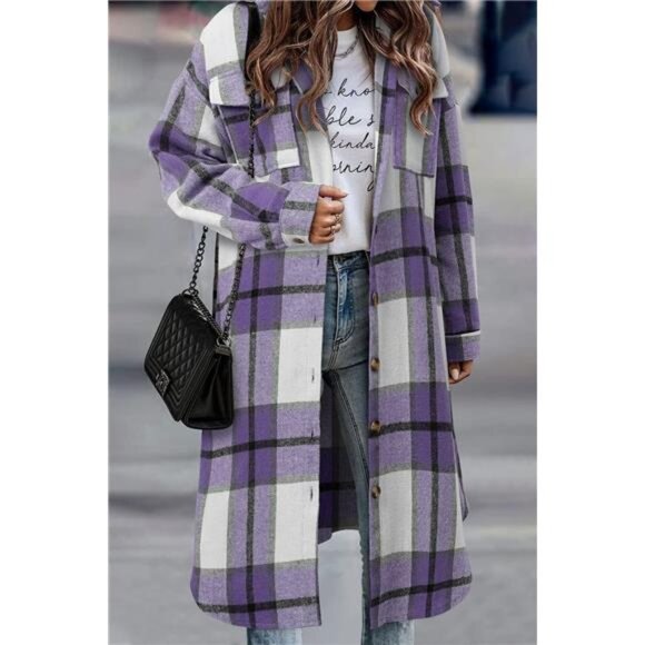 Womens Plaid Shacket Jacket Long Corduroy Shirt Casual Lapel Button - Picture 3 of 6